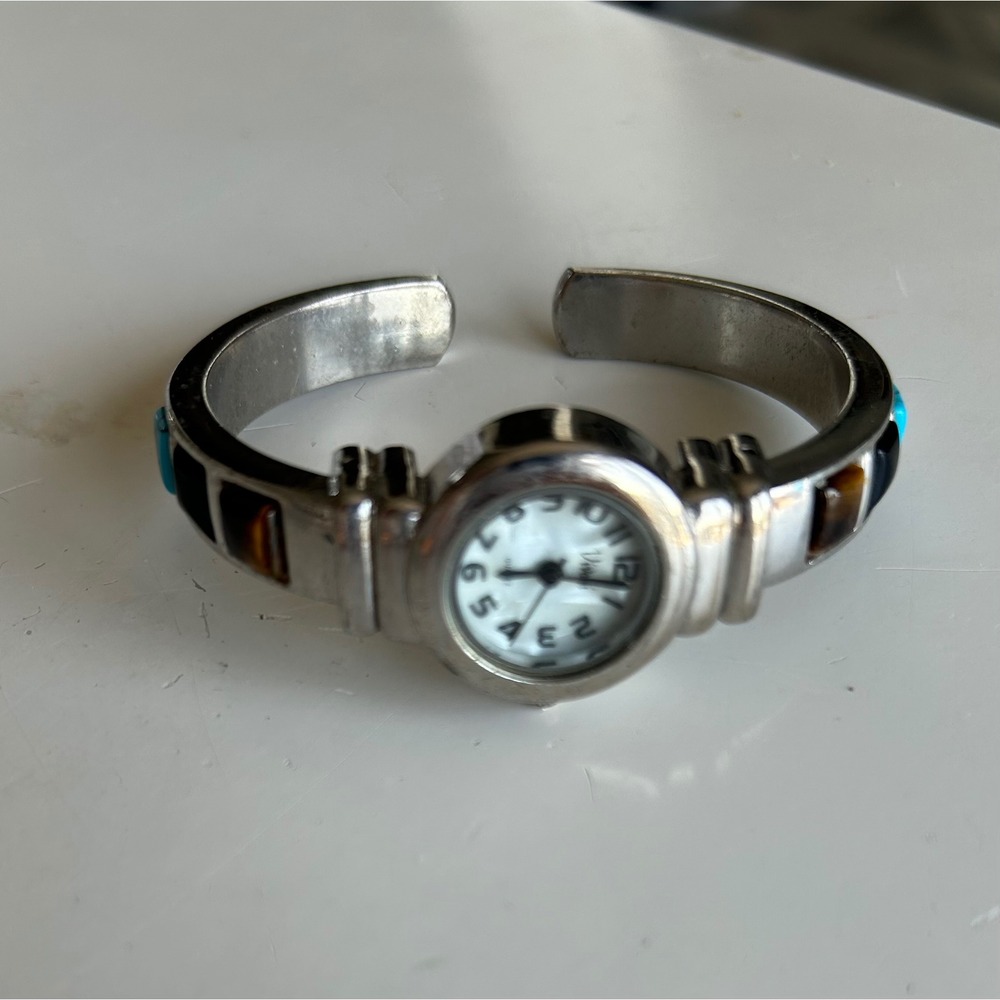 Accutime Watch Corp Cuff Bracelet Watch Turquoise Tigers Eye Onyx Inlay K5033